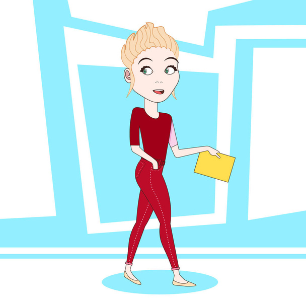 Young Blonde Woman Walking Hold Clipboard With Documents Over Blue Abstract Background - Vector, imagen