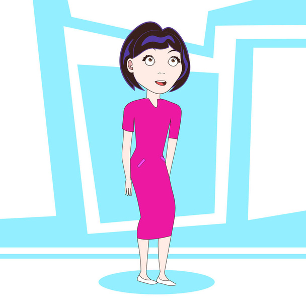 Young Cute Girl Cartoon Character Standing Over Colorful Abstract Background - Vector, Image