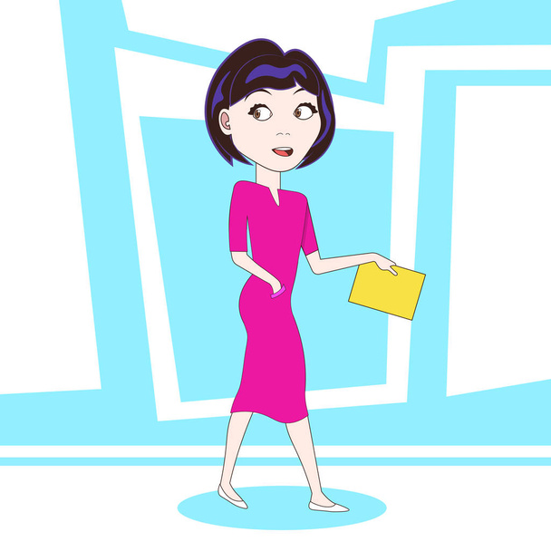 Young Woman Walking Hold Yellow Folder Cartoon Character Over Colorful Abstract Background - Vector, afbeelding