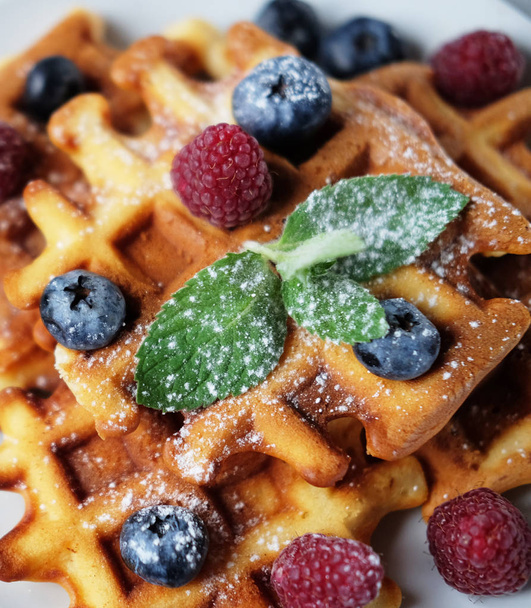 Belgian waffles with blueberries, raspberries and powdered sugar on wooden table. - Foto, imagen