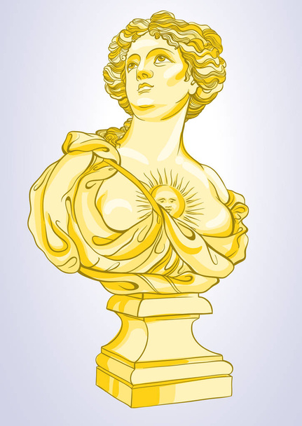 Greek Goddess. Marble bust of pretty greek woman in gold colors. Vetor illustration in line style isolated. Great for print, poster and twxtile. - Vector, Image