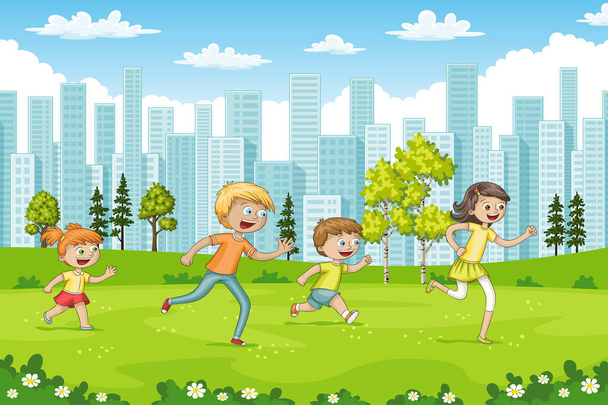 Μερικά παιδιά τρέχουν μέσα από ένα πάρκο - Διάνυσμα, εικόνα