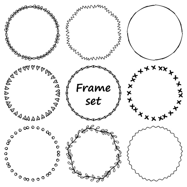 Set of 9 round frames. Hand drawing. Barbed. Flower. For your design.  - Vector, Image