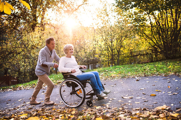 Senior couple in wheelchair in autumn nature. - Photo, Image
