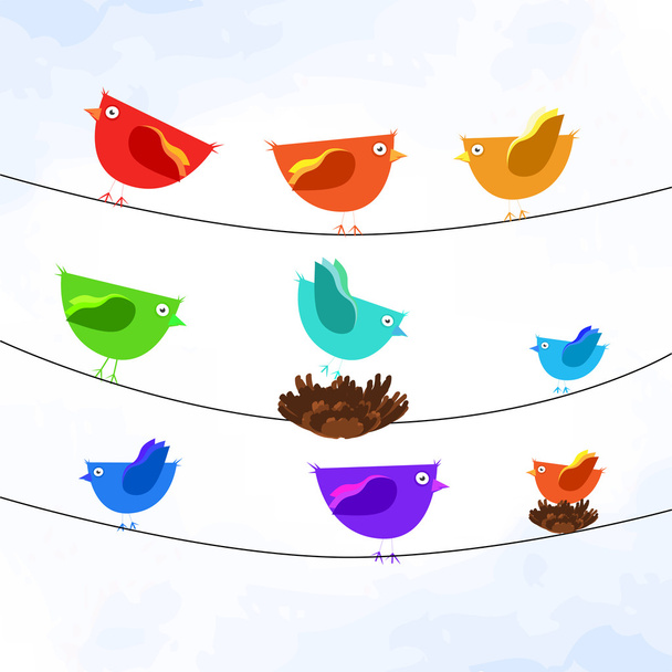 Vector illustration of colorful birds on wires. - Vector, Image