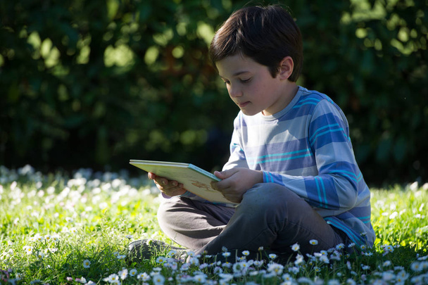 Child reading a book sitting on the grass - Photo, image