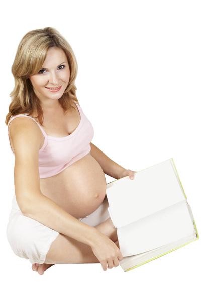 Pregnant Woman Read Book. Pregnancy Literature, Mother Open Blank Pages - 写真・画像