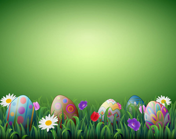Dekore edilmiş Paskalya yumurtaları bir yeşil çim arka planda vektör çizim - Vektör, Görsel