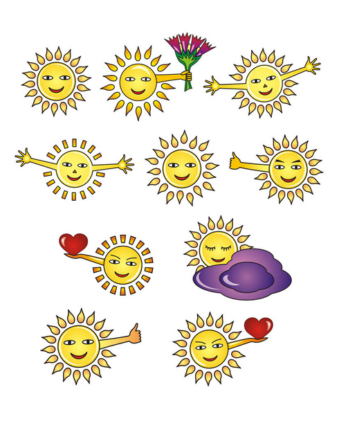 Улыбающееся солнце - иконы, улыбки. 10 картинок позитивных, радостных эмоций. Векторная графика
 - Вектор,изображение