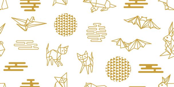 Origami animals. Seamless vector pattern with hares, foxes, cats, dogs and abstract geometric elements.  - Vector, afbeelding
