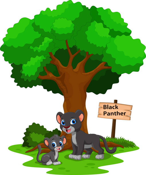 lustiger schwarzer Panther unter einem schattigen Baum mit einem Zeichen der Identität  - Vektor, Bild