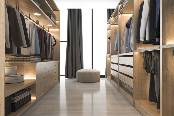3d renderizado moderno escandinavo blanco madera walk in closet con armario cerca de la ventana
 - Foto, imagen