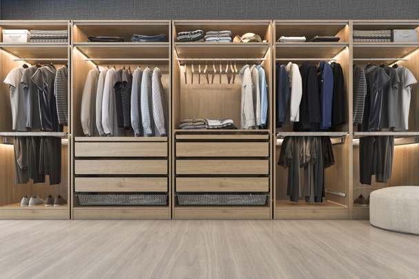 3d renderização moderna escandinavo branco madeira andar no armário com guarda-roupa perto da janela
 - Foto, Imagem