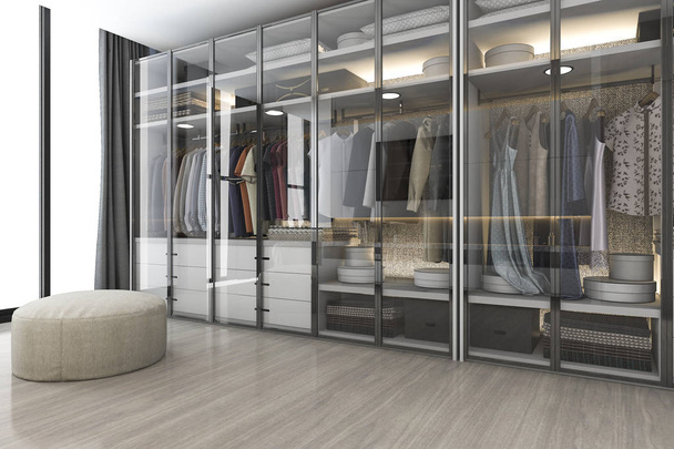 3D renderowania nowoczesne Skandynawskie drewno białe spacer w szafie z szafą w pobliżu okna - Zdjęcie, obraz