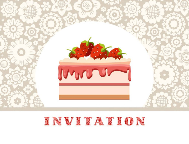 Φράουλα τούρτα, γκρι, floral φόντο, πρόσκληση, φορέα. Πρόσκληση για τα γενέθλιά, γάμο. Διακοπές, μια οικογενειακή γιορτή. Κέικ με φράουλες, σε ένα λουλουδάτο φόντο. Flat λουλούδια σε ένα γκρίζο πεδίο. Διανυσματική εικόνα. Αγγλικά.  - Διάνυσμα, εικόνα