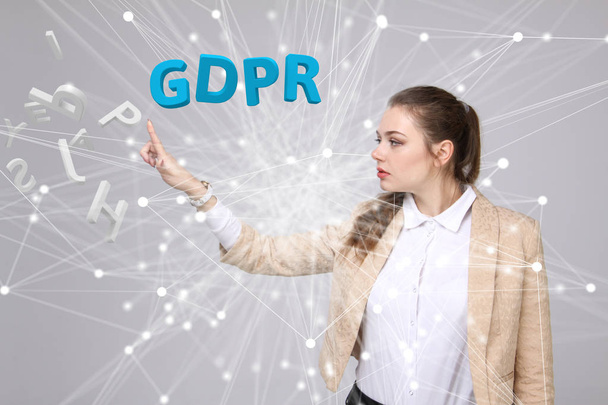 GDPR concept image. General Data Protection Regulation, the protection of personal data. Young woman working with information. - Photo, image