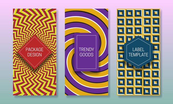 Optical illusion packaging design. Set of colorful labels templates for trendy goods. Original beautiful backgrounds with colored frames. - Vector, Image