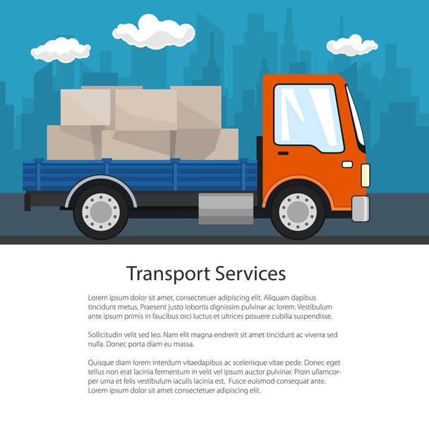 Broschüre mit kleinem Lastkraftwagen unterwegs - Vektor, Bild