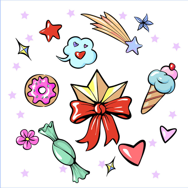 Set of fun trendy diadem sweets heart star icecream candy flower sticker isolated on white - Vecteur, image