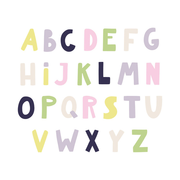 Hand drawn latin alphabet in Scandinavian style with pastel colored capital letters, vector illustration - Wektor, obraz