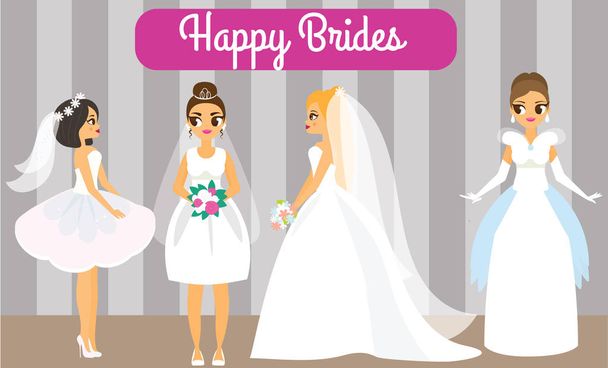 Cartoon brides. Happy females in fashionable wedding dresses. Attractive fiancee women - Διάνυσμα, εικόνα