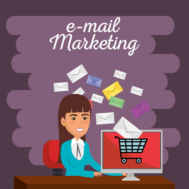donna d'affari in ufficio con icone di e-mail marketing
 - Vettoriali, immagini