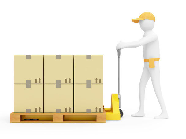 3d Man with Pallet Truck and Carton Boxes isolated on white background - Foto, Imagen