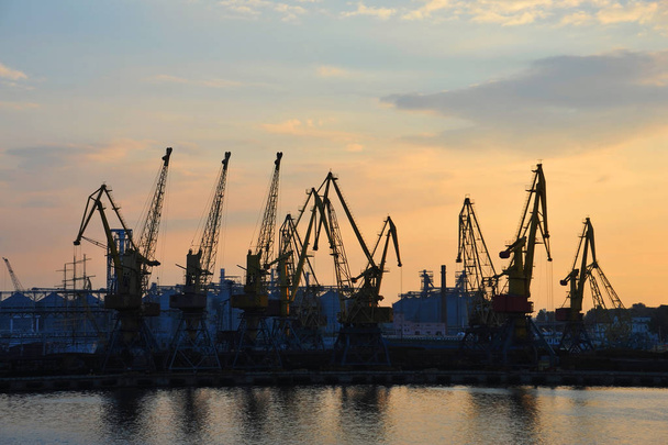 Λιμάνι γερανός φορτίου στο ηλιοβασίλεμα - Φωτογραφία, εικόνα