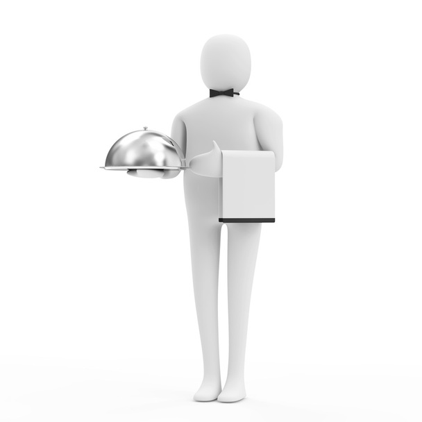 3d Man Waiter with Silver Tray isolated on white background - Foto, Imagen