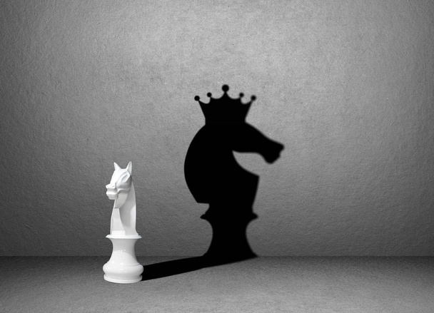 Koń szachista cień na ścianie, zwycięzca koncepcja - Zdjęcie, obraz