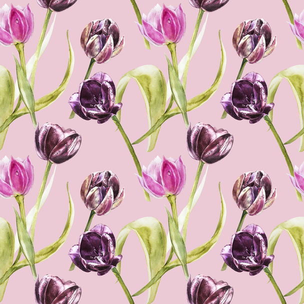 Flowers of Tulips. Watercolor hand drawn botanical illustration of flowers. Seamless pattern. - Фото, зображення