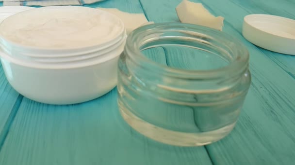 Cosmetic Coconut Cream on Blue Wooden - Footage, Video