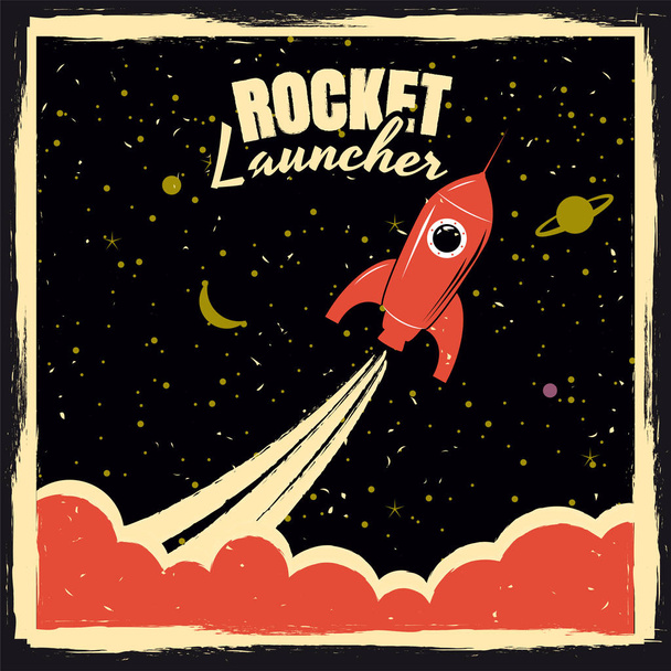 Rocket launcher startup fusée affiche rétro avec des couleurs vintage et effet grunge. Vecteur, illustration, isolé
 - Vecteur, image