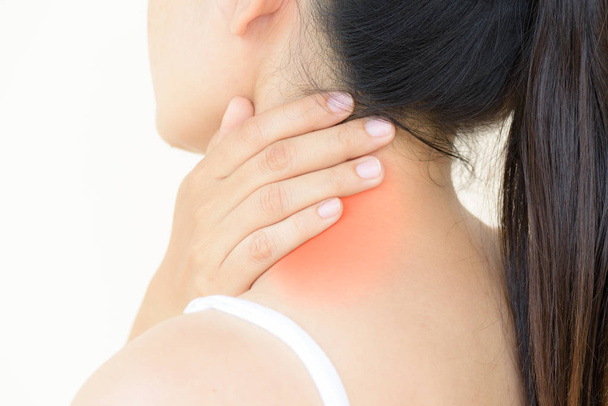 Closeup woman neck and shoulder pain and injury.  - Foto, Bild