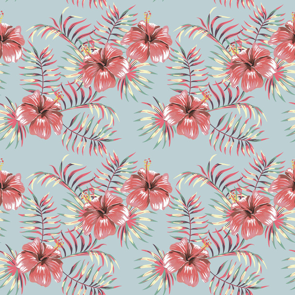 Flowers hibiscus jungle leaves pastel color seamless - ベクター画像