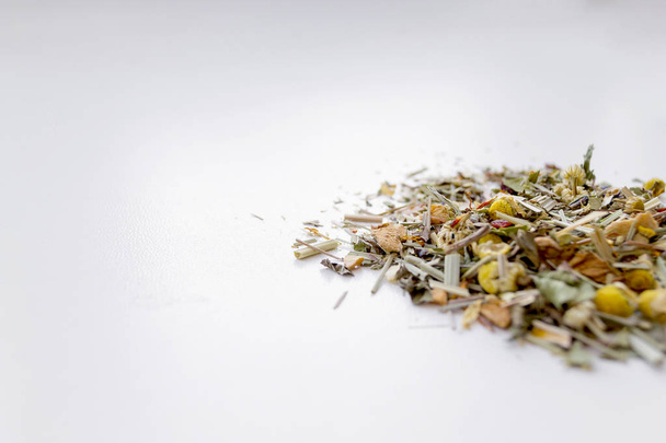 Dried herbal tea on white background. Closeup photo - 写真・画像
