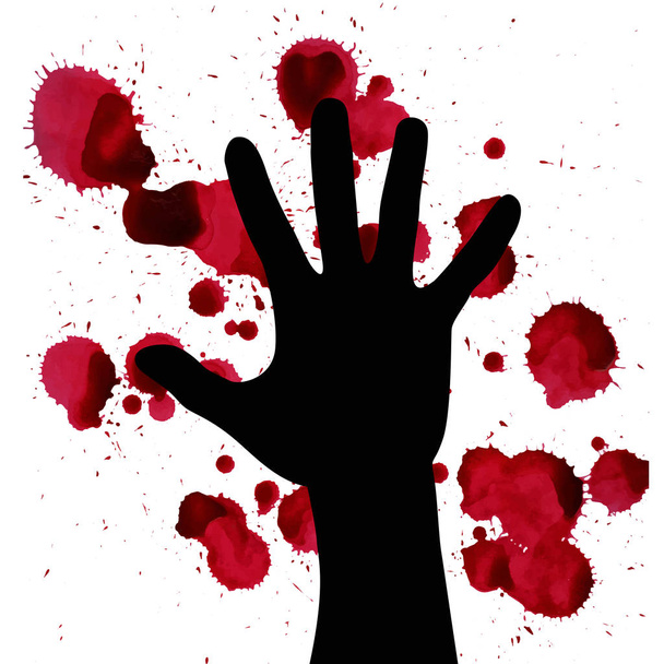 Splashes of blood and hand black silhouette. may illustrate the theme of violence, terrorism and war. - Vector, Image