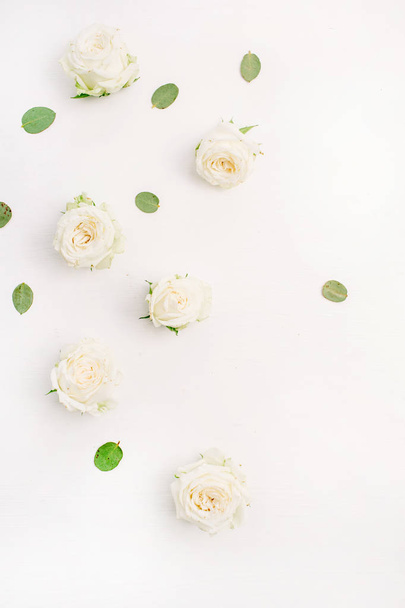 White rose pąki kwiatowe na białym tle. Tłuszcz widok świeckich, top. - Zdjęcie, obraz