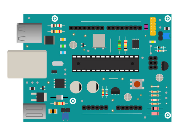 DIY electronic mega board with a microprocessor, interfaces, LEDs, connectors, and other electronic components, to form the basic of smart home, robotic, and many other projects related to electronics - Vector, Image
