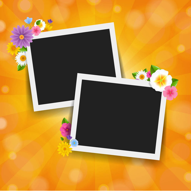 Photo Frame With Sunburst Background With Flowers Border With Gradient Mesh, Vector Illustration - Vector, imagen