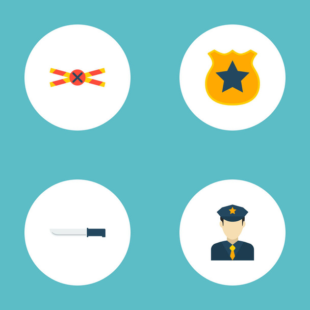 Meghatározott bűncselekmény ikonok lapos stílusú szimbólumok police jelvény, a kést, a tiszt és a más ikonok a webes mozgatható app logo design. - Vektor, kép
