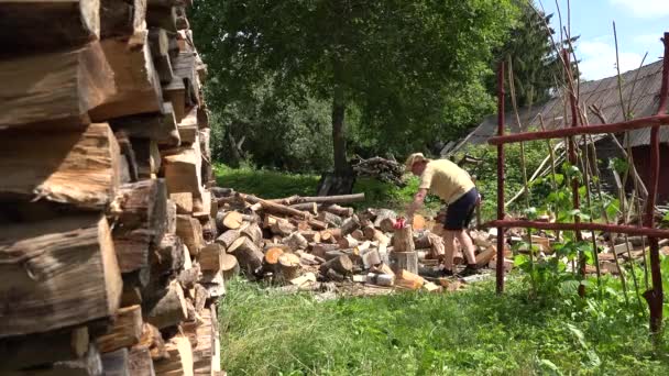 Mann versucht Holzstämme zu hacken, scheitert aber. 4k - Filmmaterial, Video