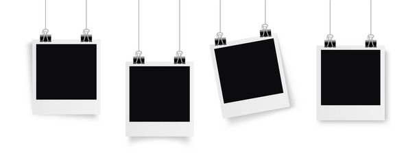 Set Photo frame hanging on a clip. Retro vintage style. Retro Photo Frame Template for your photos. White plastic border on a transparent background. - stock vector. - Vector, Image