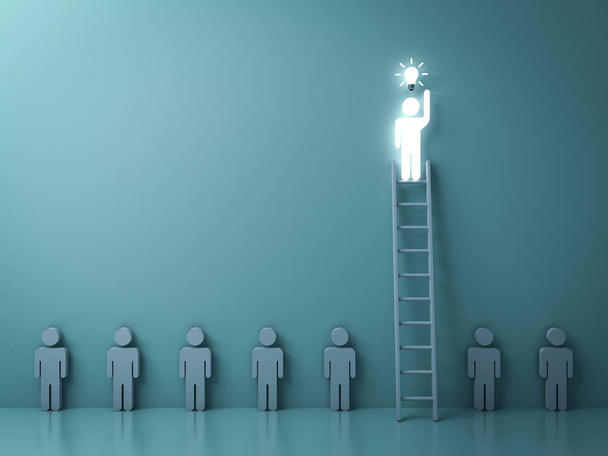 Stand out from the crowd and different concept , One glowing light man on the  ladder got an idea bulb among other no idea people on dark green background with shadow and reflections . 3D rendering. - Photo, Image