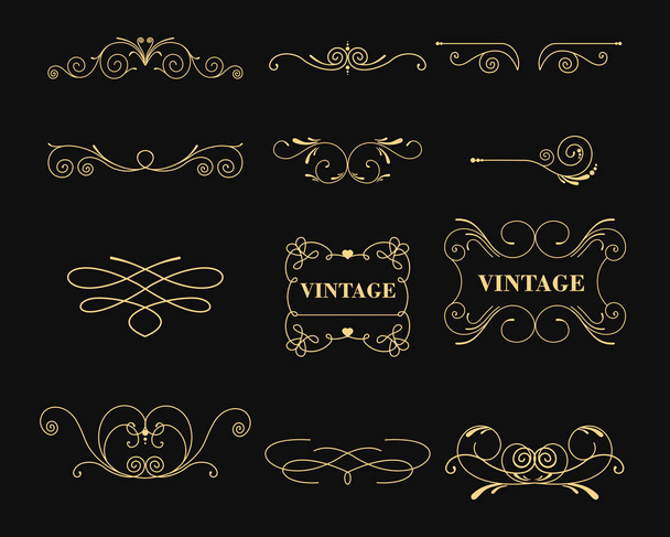 Vector illustration set of vintage graphic elements for decoration on black background. Emblem, heraldic monogram. Calligraphic floral design. Gold frames. - Вектор,изображение