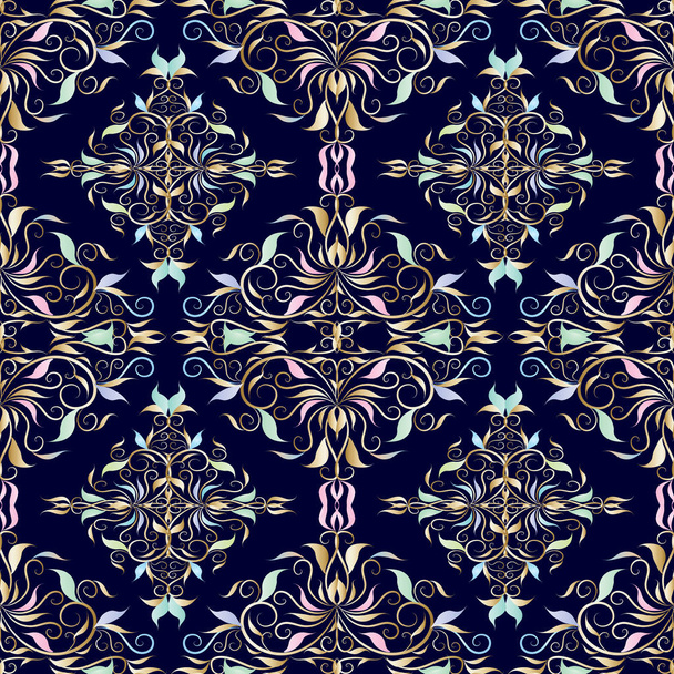Patrón sin costuras Damasco. Vector floral fondo azul oscuro
 - Vector, Imagen