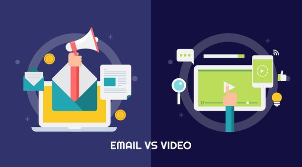 Porównanie między E-mail marketingu i wideo marketingu transparent wektor Płaska konstrukcja z marketingu ikony - Wektor, obraz