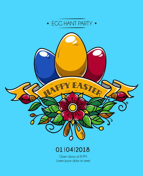 Boldog húsvéti poszter. Boldog húsvéti meghívó félnek. Húsvéti tojás díszített szalaggal és virágok. Szent ünnep - Vektor, kép