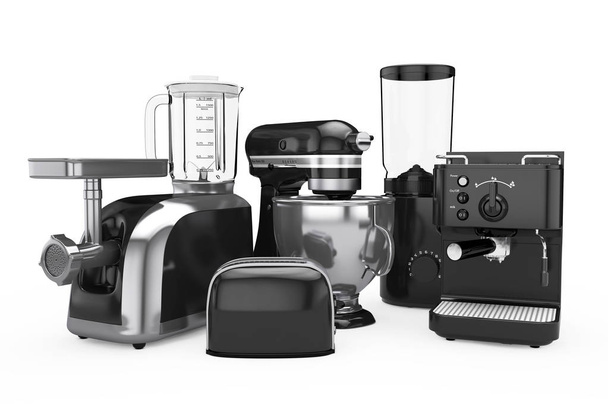 Conjunto de electrodomésticos de cocina. Batidora negra, Tostadora, Cafetera
,  - Foto, Imagen