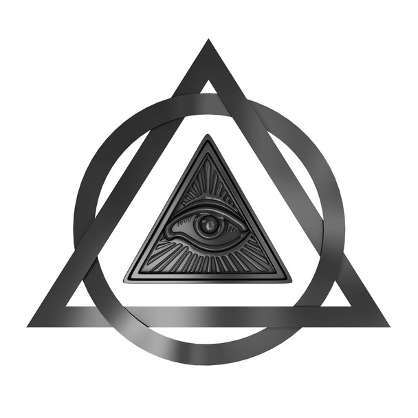 Koncepcji masońskich symboli. All Seeing Eye wewnątrz piramidy trójkąta.  - Zdjęcie, obraz
